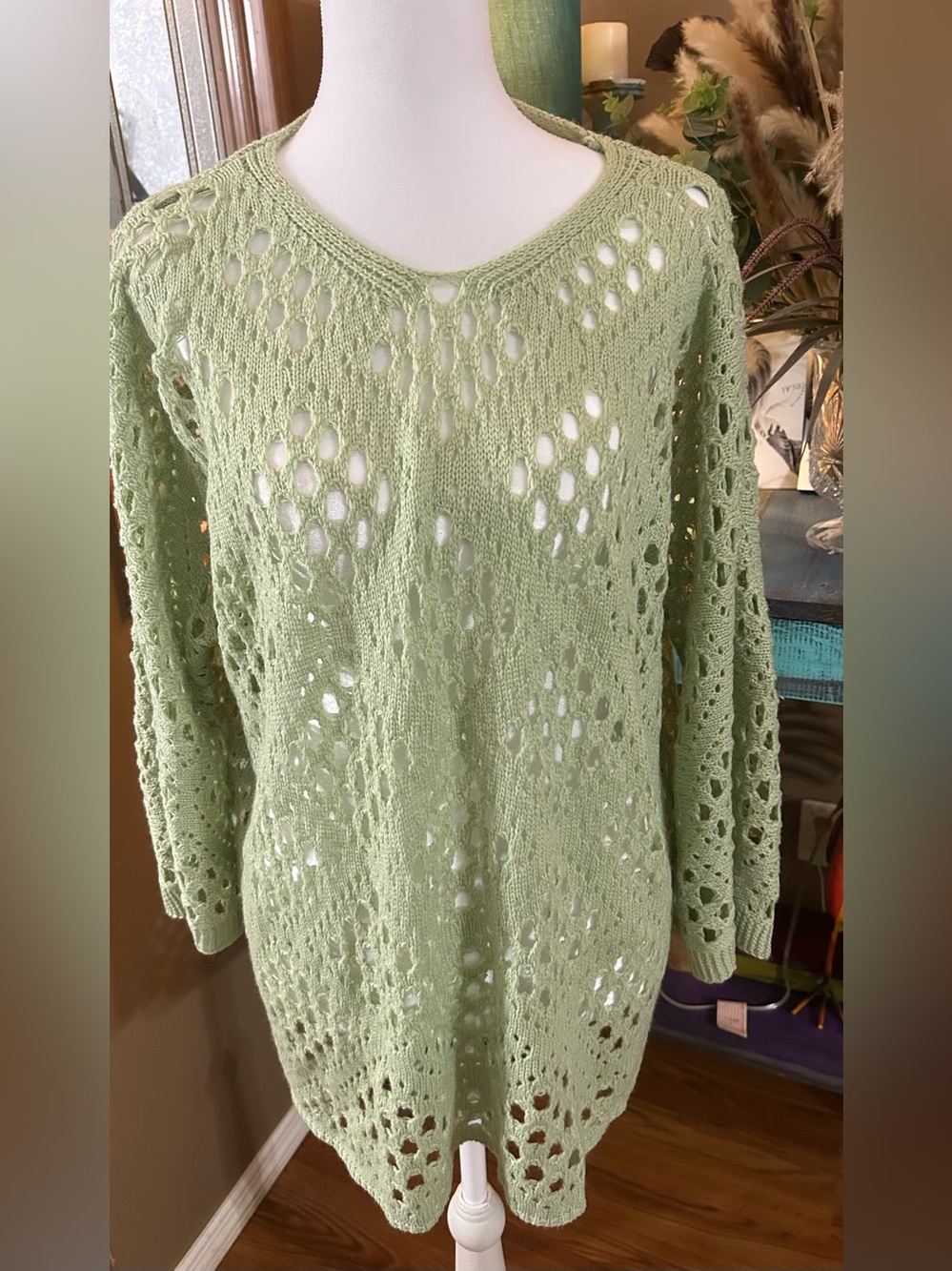 Light Sage Open-Knit Scoop Neck Sweater Size 3XL Boho Pullover
